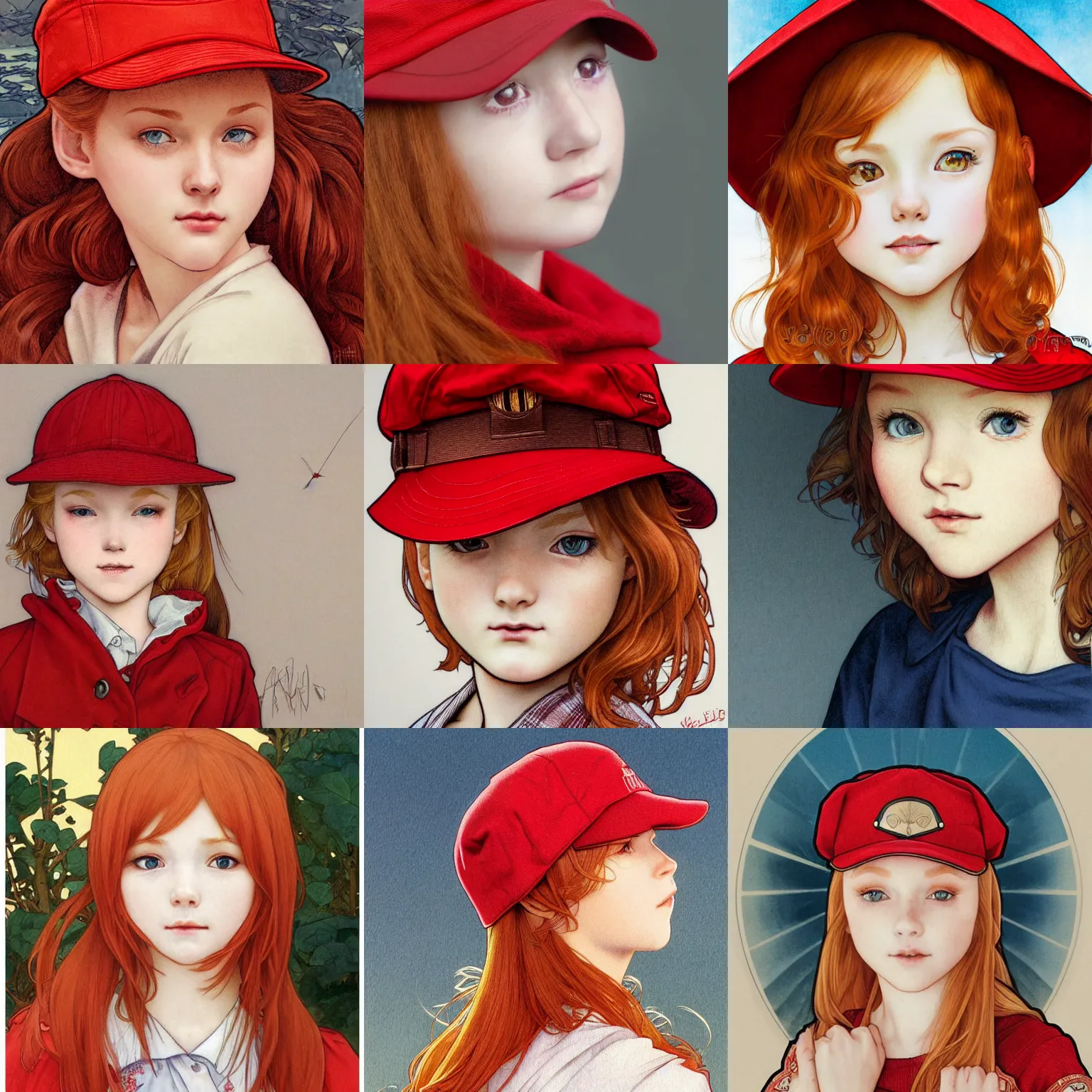 Prompt: closeup portrait of young redhead girl in red garrison cap. insanely and epically detailed high-quality artwork with soft colors, exquisitely detailed soft shadowing, amazingly composed image, epic pencil illustration, by Range Murata and by Alphonse Mucha and by Katsuhiro Otomo