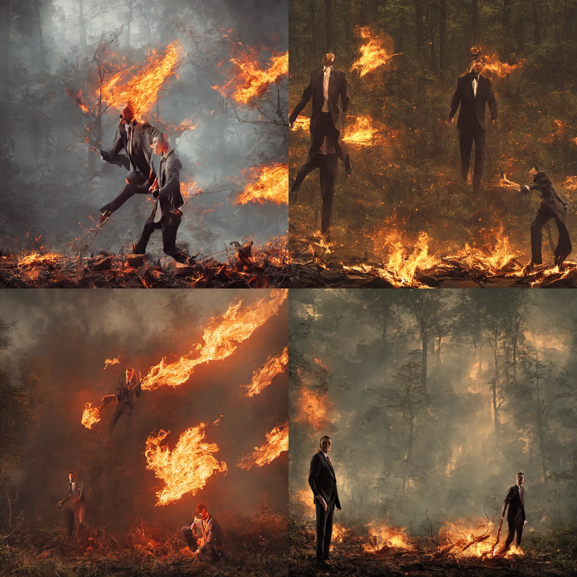 Prompt: a still of evil ambitius man in suit setting fire to the wild nature near a river, enjoying the destruction, art by James Gurney , Charlie Immer, Award winning photo, sharp focus, octane render 8k , dramatic lighting, propaganda