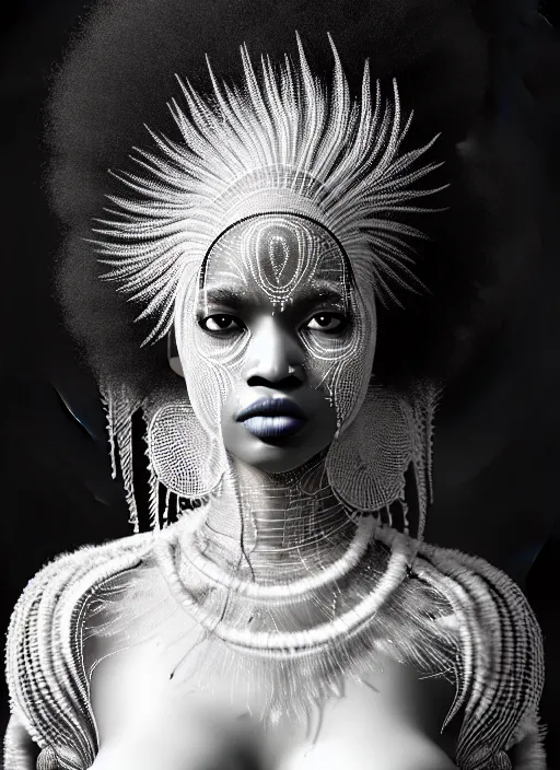 Prompt: a fierce nubile young woman with reflections in her eyes and afro hair, wearing a intricate white shaman costume, clear skin, elegant, graceful, fashionable, swirling dark energy in background, cinematic, hyperdetailed illustration by irakli nadar and alexandre ferra, intricate linework, depth of field, global illumination,