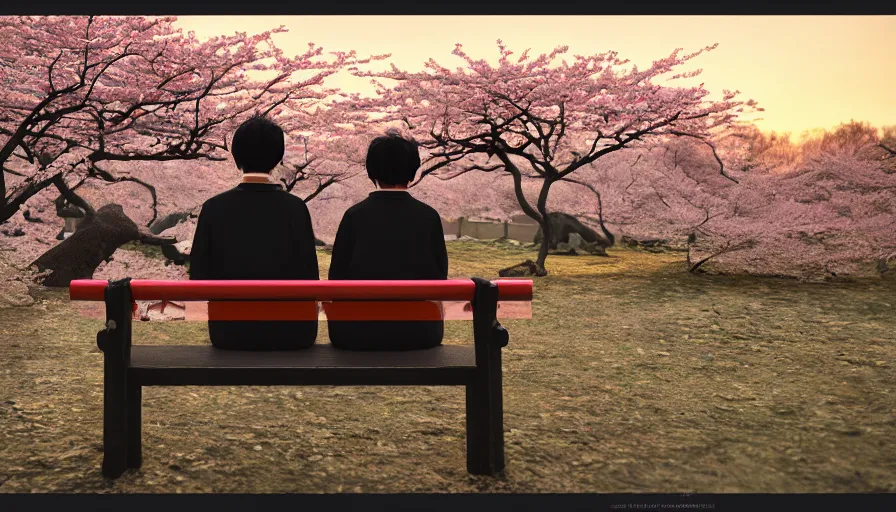 Image similar to back view of an old japanese couple sit on the bench, sunset, japanese village, cherry blossomns, shingo araki, hyperdetailed, artstation, cgsociety, 8 k