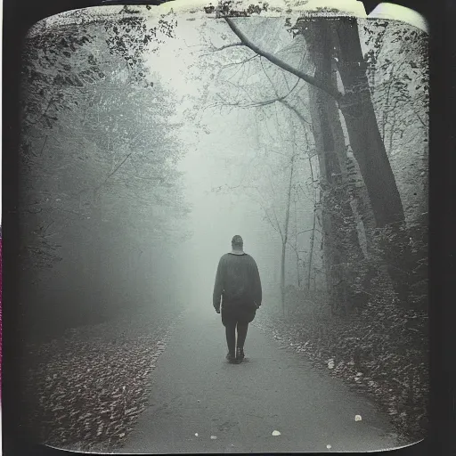 Prompt: old polaroid photo of a zombie walking in forest, mysterious, fog,