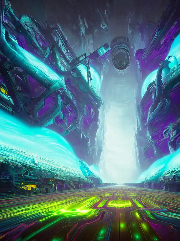 Image similar to entrance to ethereal realm, rendered in unreal engine, central composition, symmetrical composition, dreamy colourful cyberpunk colors, 6 point perspective, fantasy landscape with anthropomorphic!!! terrain!!! in the styles of igor morski, jim warren, and rob gonsalves, intricate, hyperrealistic, volumetric lighting, big sky, distinct horizon