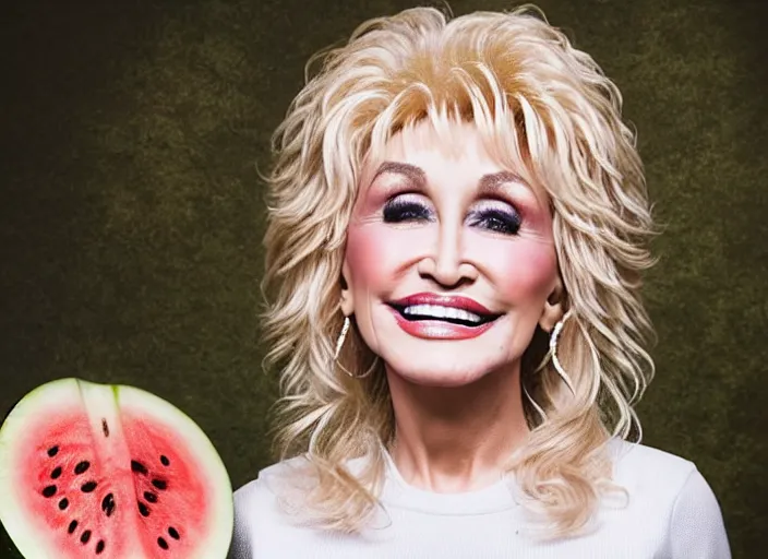 Prompt: studio portrait photo still of 2 0 year old dolly parton!!!!!!!! at age 2 0 2 0 years old 2 0 years of age!!!!!!! surrounded by watermelons, 8 k, 8 5 mm f 1. 8, studio lighting, rim light, right side key light