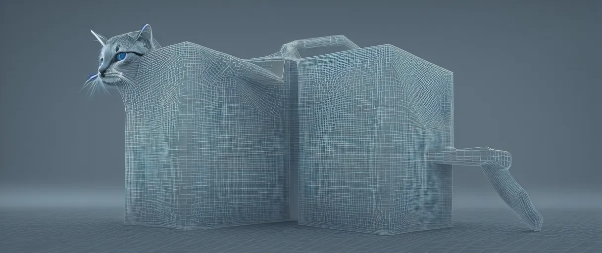 Image similar to 3 d render of schrodinger's cat in a box, quantum paradox, dead and alive, quantum superposition, waves and particles, wave function, scifi style, concept art, artsation 4 k