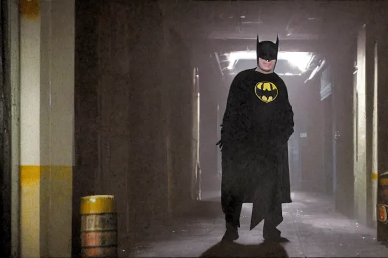 Prompt: michael keaton batman covered in beer wearing pink apron wielding an axe, chasing through old brown decrepit hallway, creepy smile, atmospheric eerie lighting, photorealistic face, dim lighting, bodycam footage, motion blur, photograph