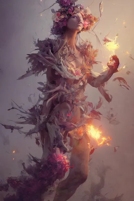 Image similar to beautiful girl necromancer, witch - doctor exploding into flowers, angels, 3 d render, hyper - realistic detailed portrait, holding electricity and birds, ruan jia, wlop. scifi, fantasy, hyper detailed, octane render, concept art, peter mohrbacher