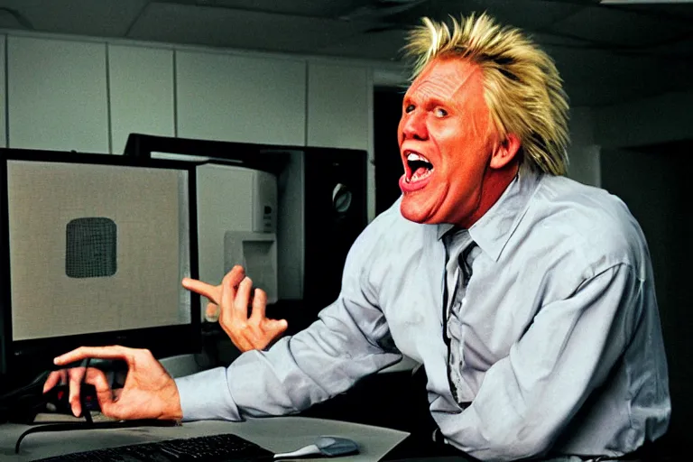 Image similar to gary busey screaming at a desktop computer in 1 9 9 9, ( sony a 7 r iv, symmetric balance, polarizing filter, photolab, lightroom, 4 k, dolby vision, photography awardm, voque, perfect face )