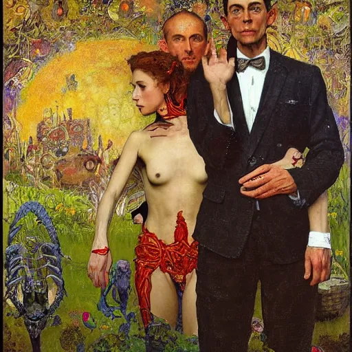 Image similar to a beautiful portrait of two lovers wearing a suit made of nervous system, channeling third eye energy, surrounded by a background of cyber mystic garden of earthly delights, painting part by wojciech siudmak, part by ilya repin, part by norman rockwell, artstation