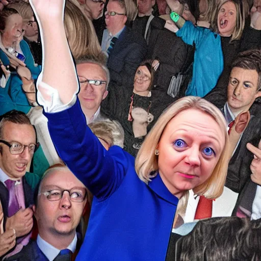 Prompt: hyperrealistic photography of elizabeth truss, conservative MP, lost and confused in a rave with michael gove