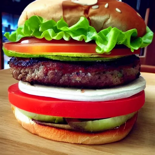 Image similar to american flag burger, a burger with lettuce, patty, ketchup, american flag, pickle, mayonnaise