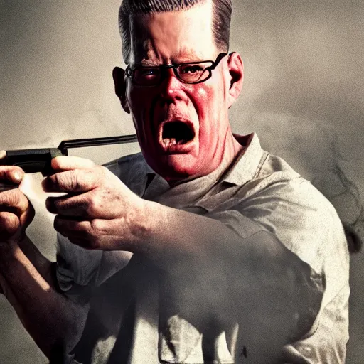 Image similar to angry hank hill with shotgun, extreme detail, studio light, photorealistic, live action, movie still, cinematic, bruised face, soft focus, well edited, 8 k, atmospheric, cigar,