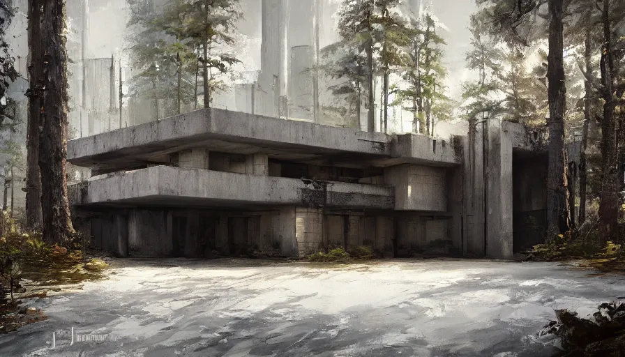 Image similar to brutalist house in the forest, cinematic shot, aaa game concept art oil painting by jama jurabaev, extremely detailed, brush hard, artstation, high quality, brush stroke