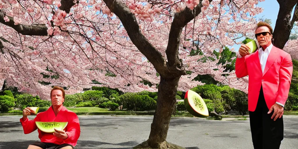 Image similar to photo, arnold schwarzenegger eats watermelon, japanese kimono, under sakura tree