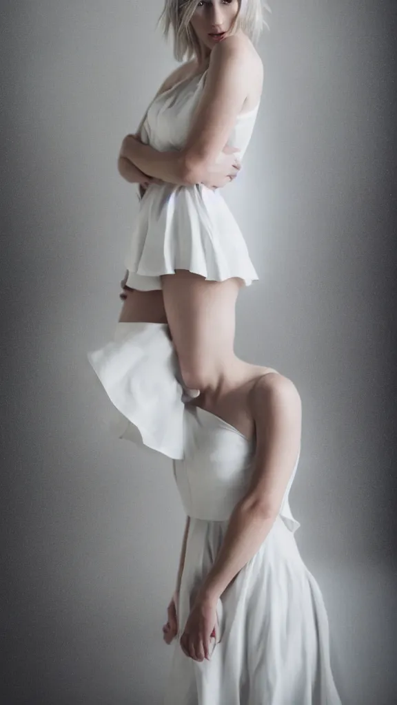Image similar to emily skinner cosplaying annie leonhart wearing open toe heels and wearing a white dress in a white room looking up, beautiful face, pale skin, rule of thirds, cinematic lighting, rainy weather, melancholy atmosphere, sharp focus, backlit, stunning, smooth, hard focus, full body shot, studio photo, shot on sony a 7 iii, hyper realistic,