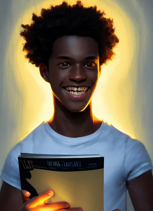 Image similar to portrait of teenage chuck clayton, black teenage boy, short curly hair, short hair square jaw, slight excited smile, reading a comic book, intricate, elegant, glowing lights, highly detailed, digital painting, artstation, concept art, smooth, sharp focus, illustration, art by wlop, mars ravelo and greg rutkowski