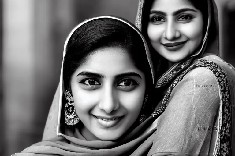 Prompt: still photo of a beautiful pakistani woman smiling at the camera on the street, black and white color aesthetic, highly detailed, photorealistic portrait, bright studio setting, studio lighting, crisp quality and light reflections, unreal engine 5 quality render