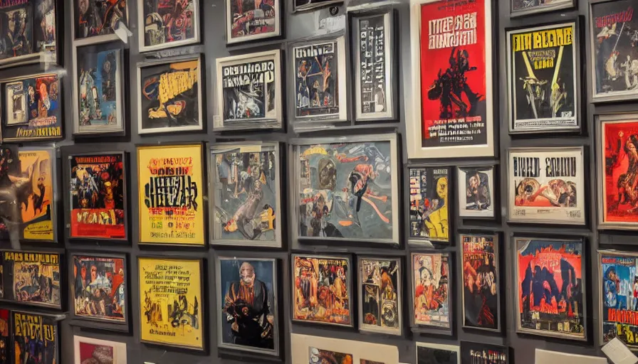 Prompt: a large wall in a museum containing framed movie posters, retro sci - fi, retro horror, retro movies