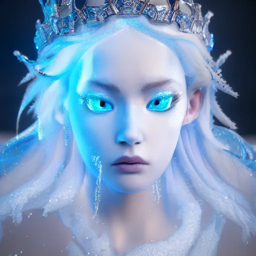 Prompt: ice goddess with beautiful face with a glowing blue crystal on her forehead, frosty white eyes, winter mist around her, white plated armor, pale skin, white smoke + photorealism, octane render, frostbite, 8 k, cinematic, 3 5 mm, aspect ratio
