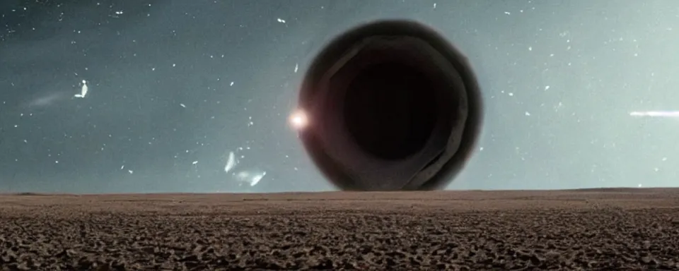 Prompt: scene from the movie interstellar showing a black hole