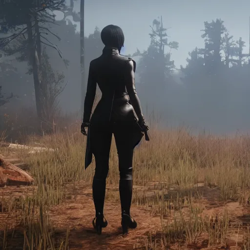 Image similar to Film still of 2B Nier Automata in Red Dead Redemption 2 (2018 video game), trending in artstation, detailed, artstationHD, artstationHQ