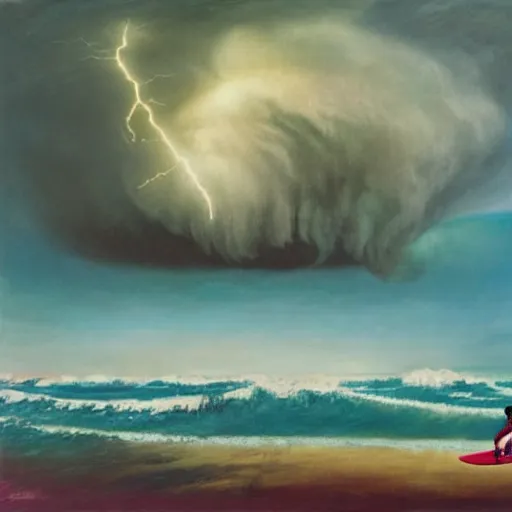 Image similar to bob marley surfing 50 foot waves in a violent lightning storm, a tiki hut in the foreground is almost blown over by the powerful winds by Alexander Jansson, oil on canvas, 8k