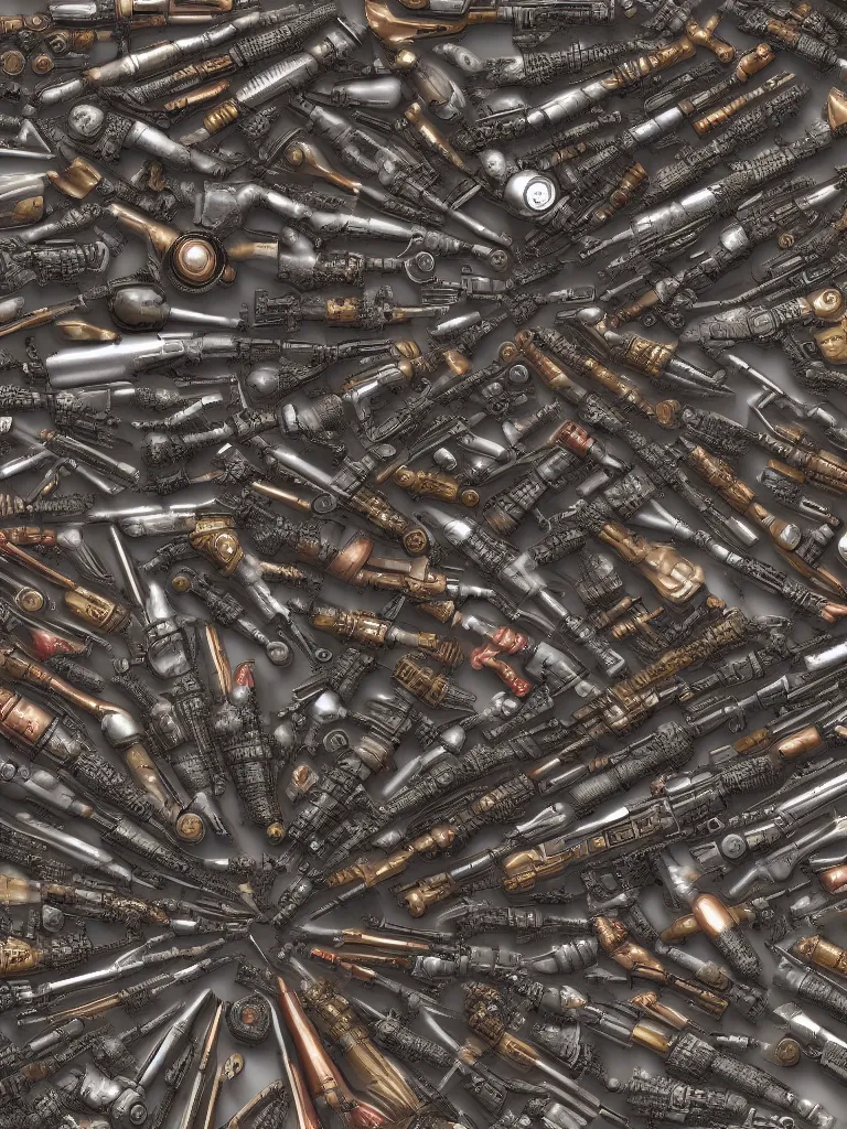 Prompt: kaleidoscope of machine guns, shotguns, rifles, revolvers, bullets, ultra-realistic, intricate details, concept artwork, digital painting, 4k