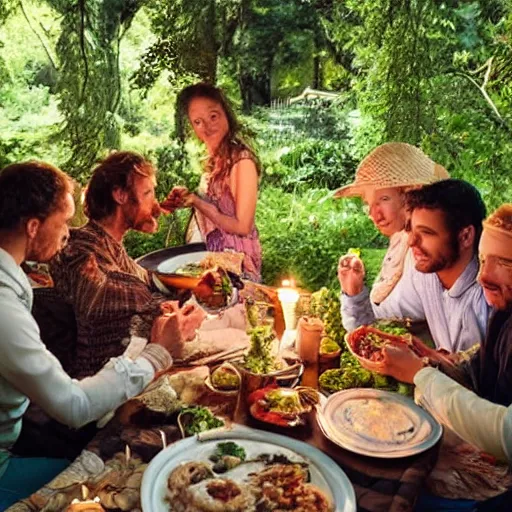 Prompt: a bohemian group of people performing rich meal by candlelight on the veranda among the greenery in summer