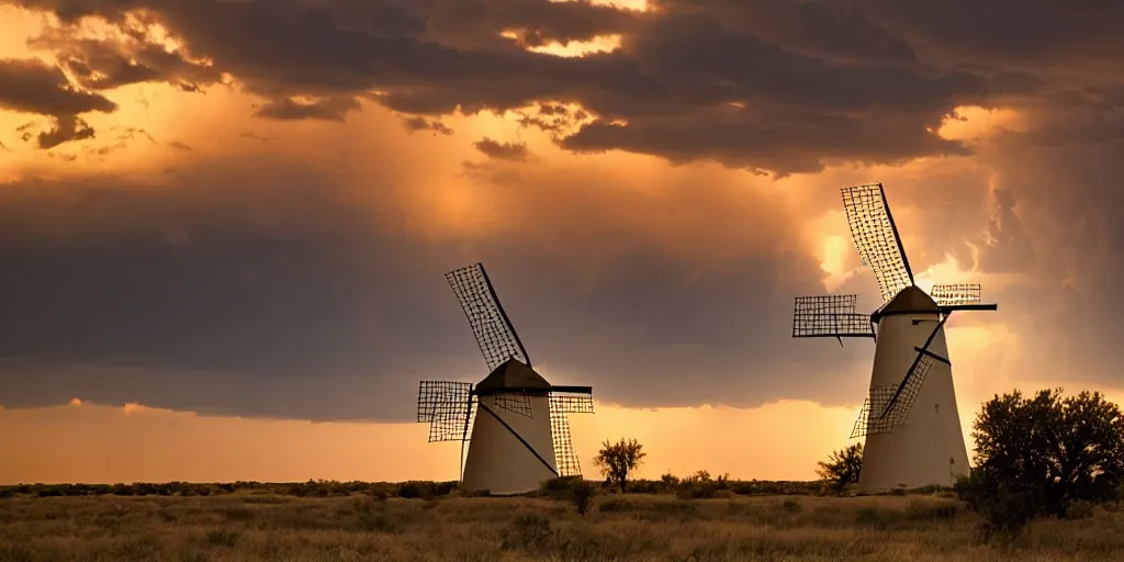 Prompt: photo of a stormy west texas sunset, perfect american windmill, film photo, lightning, golden hour, high quality, beautiful!!!