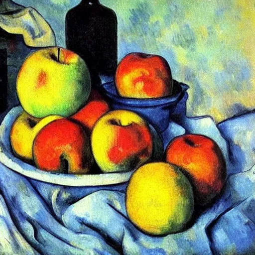 Prompt: a gauguinesque, painterly painting that depicts apples in a black jug and a cat by cezanne, pixabay contest winner, fauvism, fauvism, oil on canvas, acrylic art