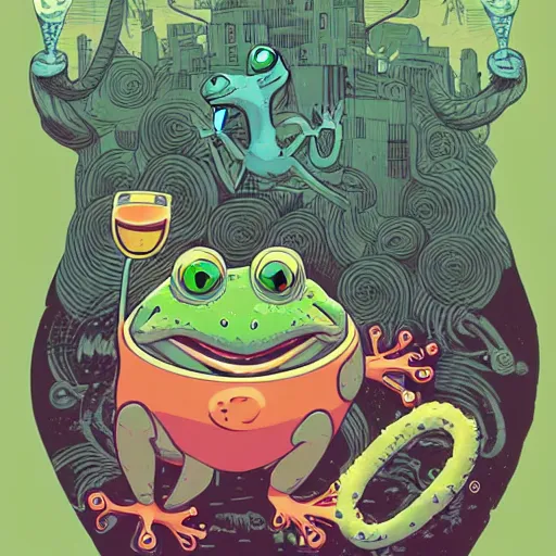 Prompt: frog drinking with crazy bunny with steam coming out from ears, by josan gonzales and Dan Mumford