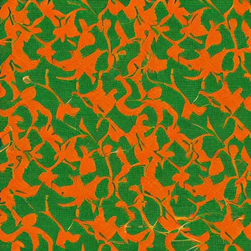 Prompt: fabric texture, orange and green color scheme, florar