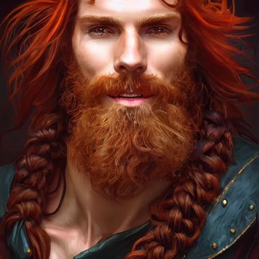 Image similar to portrait of a young ruggedly handsome but joyful pirate, male, masculine, upper body, red hair, long hair, d & d, fantasy, perfect teeth, intricate, elegant, highly detailed, digital painting, artstation, concept art, matte, sharp focus, illustration, art by artgerm and greg rutkowski and alphonse mucha