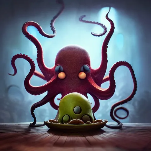 Prompt: octopus in the restaurant cute, illustration, digital art, inspired by little big planet, by greg rutkowski, sharp, masterpiece, highly detailed, photorealistic, octane render, 8 k, unreal engine 5, trending on artstation, vivid colors