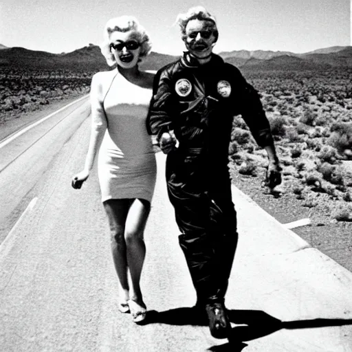 Image similar to marilyn monroe and astronaut walking across highway in arizona