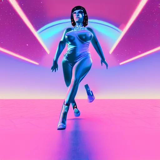 Image similar to A wide angle shot from below of a feminine body walking with swagger towards camera on mars in an infinite universe , synthwave digital art