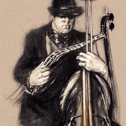 Prompt: a bass player in the style of anders zorn
