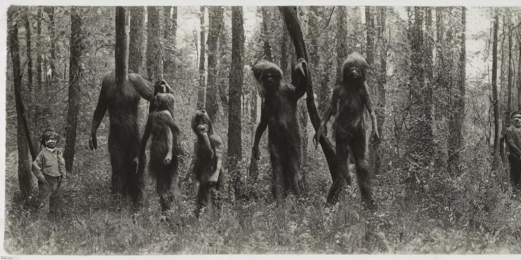 Image similar to family of bigfoots hiding behind trees in an ominous forest, 1 9 0 0 s photography