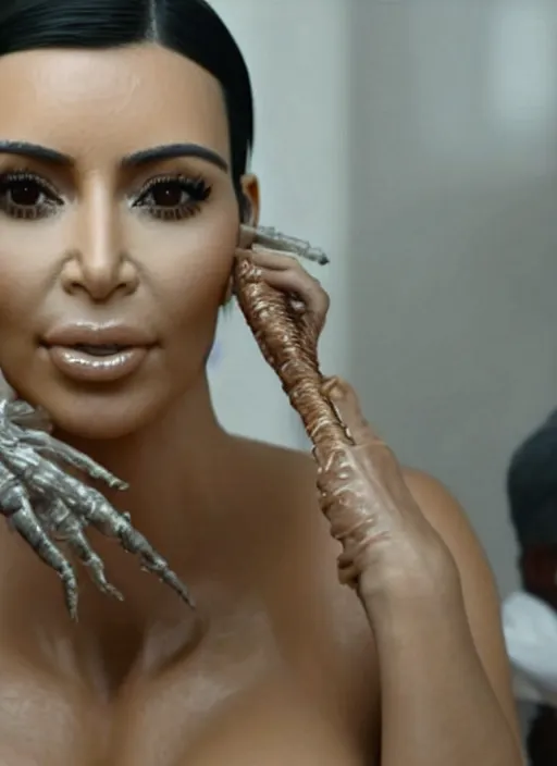 Prompt: film still of kim kardashian being ingested by a facehugger, alien goo, transparent goo, transparent liquid, saliva, 8 k