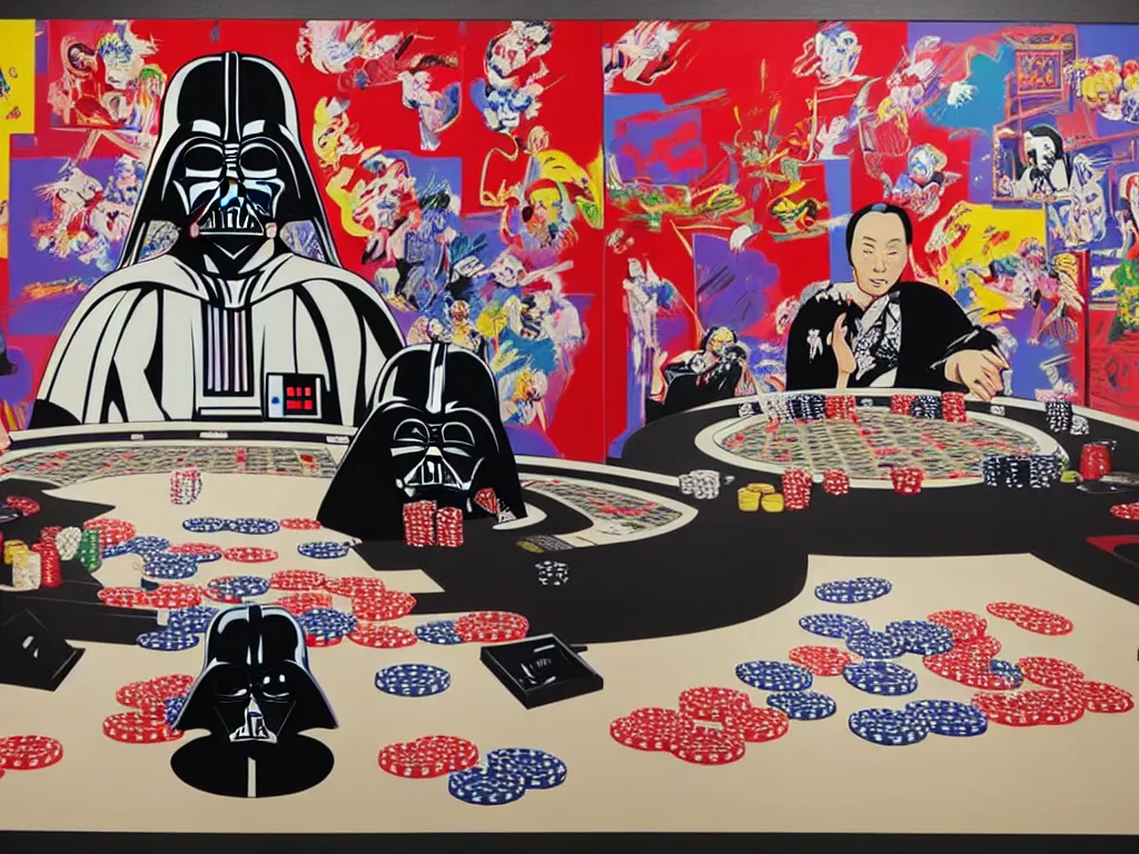 Image similar to hyper - realistic composition of a large room with an extremely detailed poker table in the center, woman in traditional japanese kimono standing nearby, darth vader sitting at the table, fireworks in the background, pop art style, jackie tsai style, andy warhol style, acrylic on canvas, dull palette