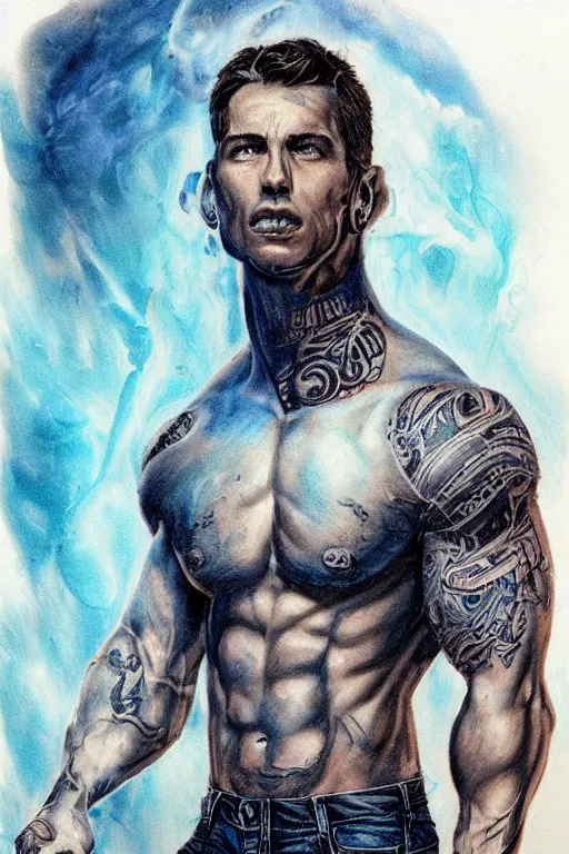 Prompt: Portrait of frontal standing pose torso of a very attractive muscular man in old blue jeans. Heavily all his skin is covered by Mayan BIKER tattoos, surrounded by magic lightings overlays, Intricate, concept art, magic lighting overlays, magical portal opened, D&D!, fantasy style, sharp focus!, ultra detailed, art by Artgerm and Peter Andrew Jones, WLUP, Magali Villeneuve