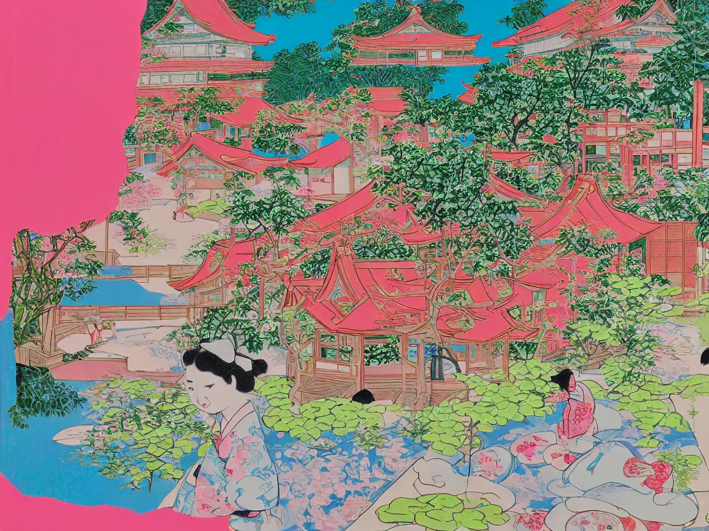 Image similar to image of a traditional japanese house with a garden, a pond in the garden, pink children are sitting around it, a combination of pop art and traditional japanese painting styles, the style of andy warhol, roy lichtenstein and jackie tsai, bright palette, acrylic on canvas