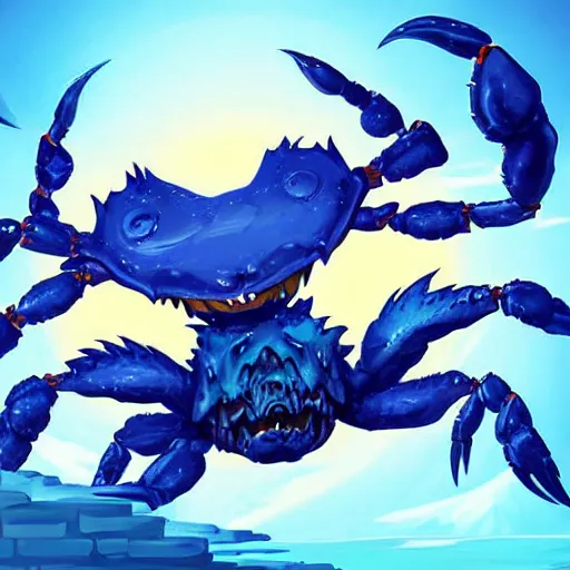 Image similar to blue giant (((((((crab monster)))))))) with giant crab claws, giant crab claws fantasy digital art, magical background in the style of hearthstone artwork