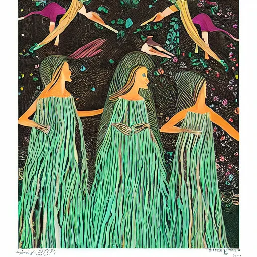 Image similar to The land art is a beautiful work of art. The three graces are depicted as beautiful young women, each with their own unique charms. The land art is full of color and life, and the women seem to radiate happiness and joy. Mesozoic, Ancient Roman by Noelle Stevenson jaunty