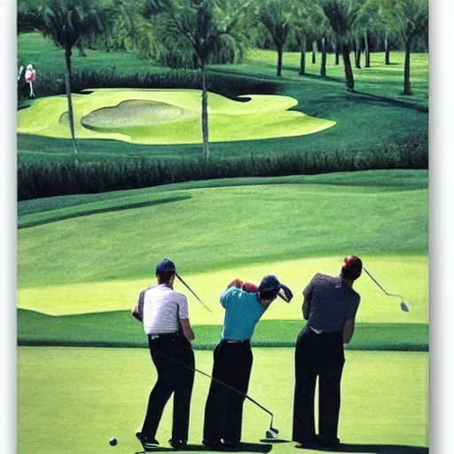 Image similar to Three golfers on a beautiful golf course driving range, by Diego Rivera