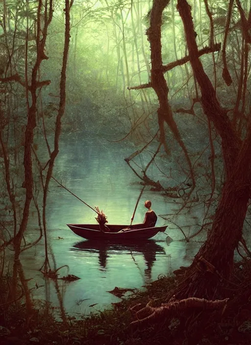 Image similar to boat in the woods by a river gorgeous lighting, lush forest foliage blue sky a hyper realistic painting by chiara bautista and beksinski and norman rockwell and greg rutkowski, tom bagshaw weta studio, and lucasfilm