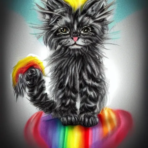 Image similar to wide angle full body, of a fluffy cute rainbow kitten wearing a black leather motorcycle jacket, concept art