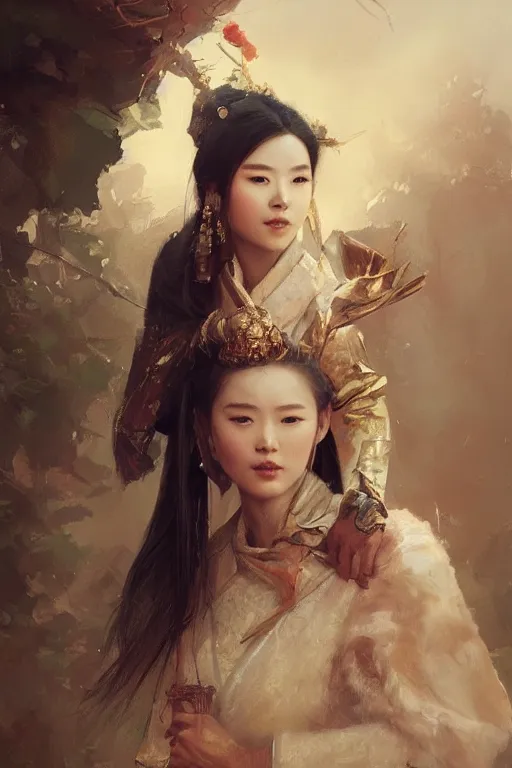 Image similar to princess portrait painted bu huang guang jiang, hgj art, oil painting, sunlit, paint texture, digital painting, highly detailed, artstation, sharp focus, illustration, concept art, ruan jia, charlie bowater, tom bagshaw, norman rockwell