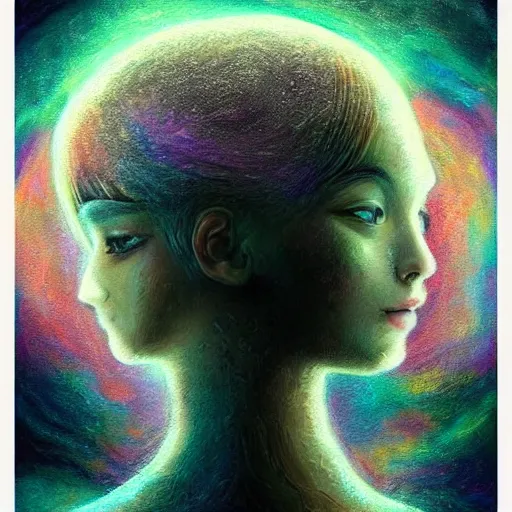 Image similar to beautiful detailed artistic portrait of a person travelling between different astral planes. grainy and rough. fine detail. soft colour scheme. artistic painting by lurid ( 2 0 2 2 ). featured on deviantart.