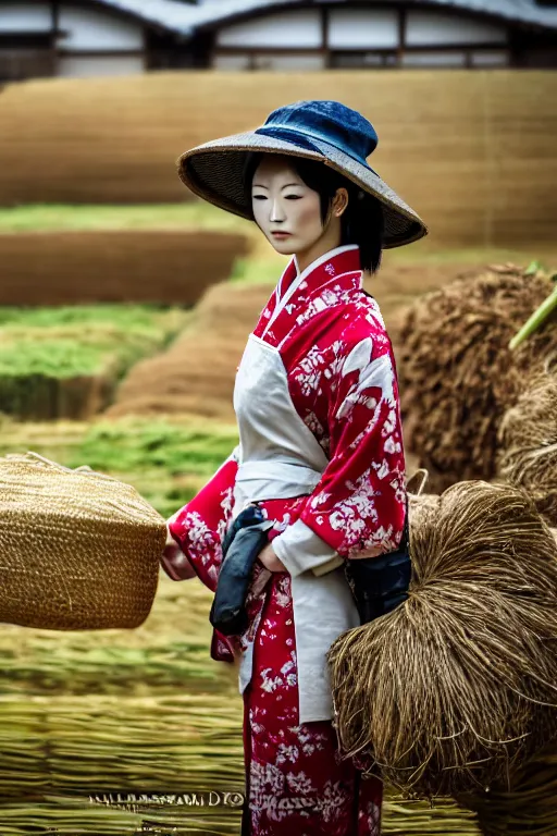 Prompt: japanesse farmer, cinematic view, bokeh, extreme detailed, vogue photo style, proportional, dynamic composition, details, intricate, comfort posse, smooth, sharp focus, body features, ultra realistic, award winning photo, captured by nikon d 8 5 0, 4 5. 7 mp lens, 4 k, full body.