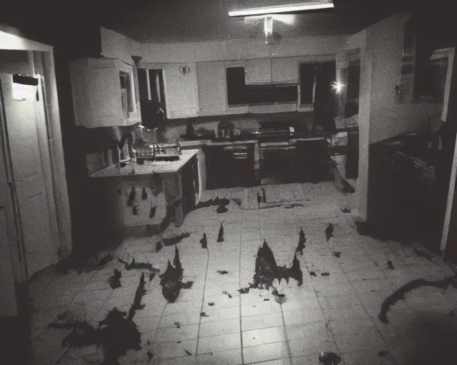 Image similar to horror demon evil transparent spirit attacks in kitchen interior photo shot on iphone, dynamic pose, middle body shot, sharp focus, grainy, corpse, paranormal flashlight, night, total darkness, poltergeist, aberrations,